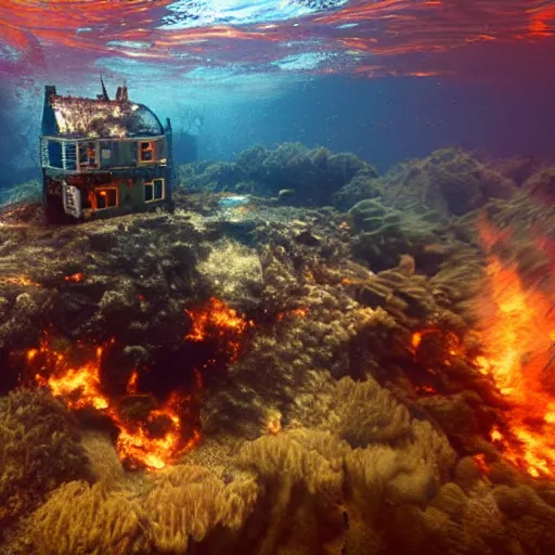 Image similar to a house burning underwater, with a humanoid robot, 8 k resolution, colorful, mariana trench