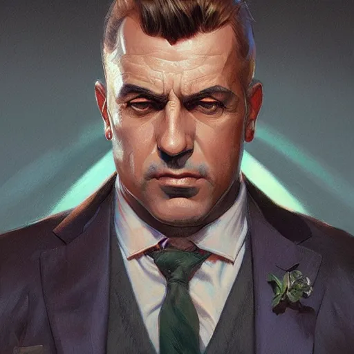 Image similar to mob boss, headshot, painted character portrait, highly detailed, digital painting, artstation, concept art, sharp focus, illustration, art by artgerm and greg rutkowski and alphonse mucha