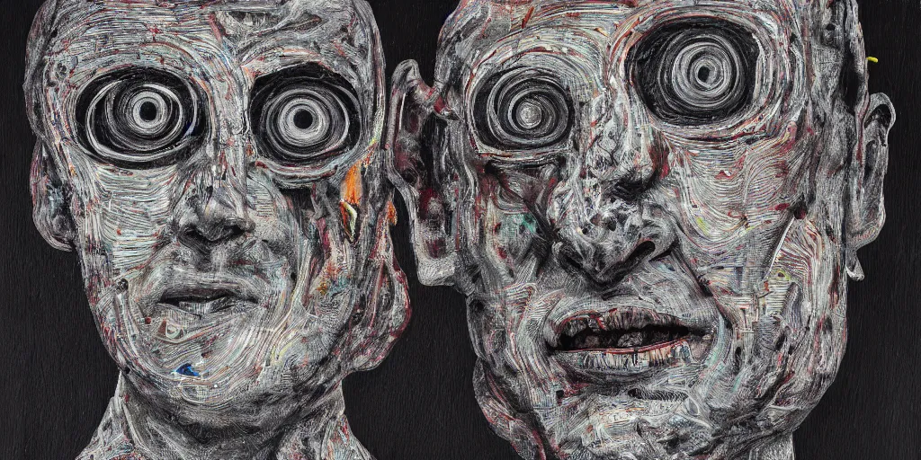 Image similar to eyeless man, technical, deconstructed, acrylic, teeth, eerie, tribal, clay, dotting, lines, stipple, points, cybernetic, style of old painting, francis bacon art, sleep paralysis, hypnosis, eerie, terror, oil, neon, black and white, splotches, colorful dots, ominous, abstract