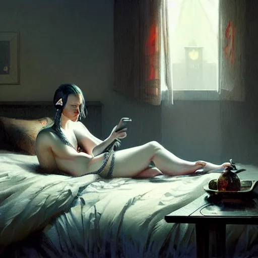 Prompt: Detailed still life. Iridescent details iridescent accents. Till Lindemann, lying in bed like a young girl talking to her girlfriend on the phone, A telephone receiver in hand, fantasy art by Greg Rutkowski