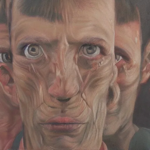 Prompt: Frontal portrait of a bunch of semi-sentient lunatics. Detailed oil painting.