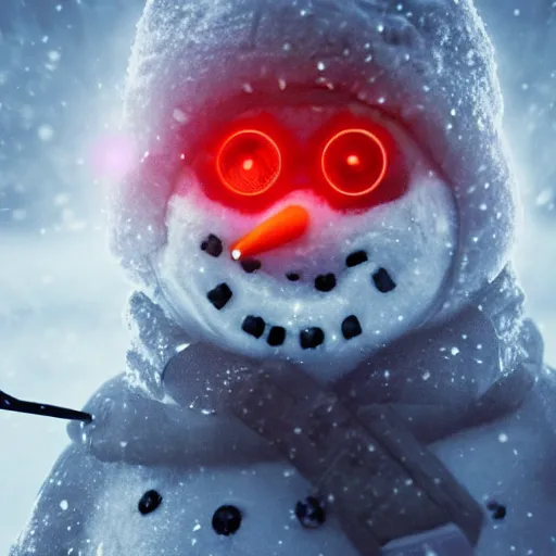 Image similar to a snowman, half made out of cyborg parts, with one glowing red eye, with an evil smile on his face, in the middle of a snow forest, dynamic lighting, photorealistic fantasy concept art, trending on art station, stunning visuals, creative, cinematic, ultra detailed