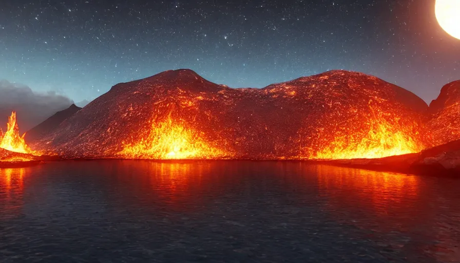 Prompt: volcano at night, island in front of the full moon, shimmering stars, moody atmosphere, glowing lava, water, unreal engine, realistic shading, realistic render, octane render, detailed textures, photorealistic, wide shot