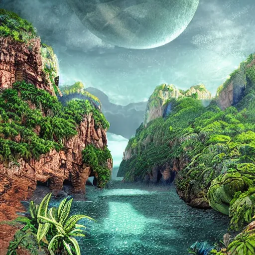 Image similar to digital art of a lush natural scene on an alien planet by dangiuz. extremely detailed render. beautiful landscape. weird vegetation. cliffs and water.