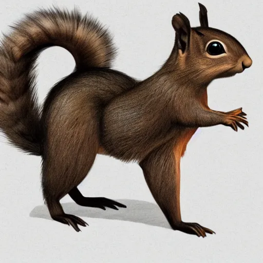 Prompt: a cute squirrel standing on four legs in profile with fluffy fur drawn concept art