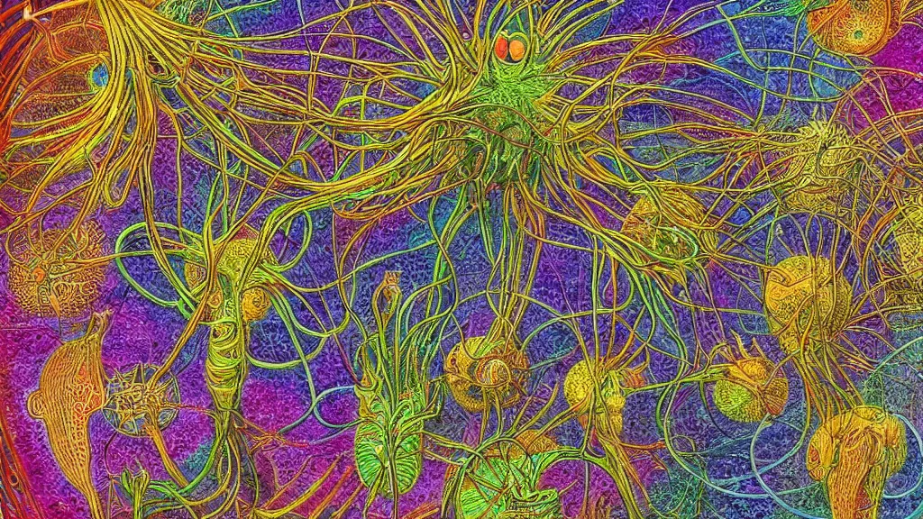 Prompt: quantum connections represented as symbiotic organisms like cells playing around with colorful lights by ernst haeckel, transparent