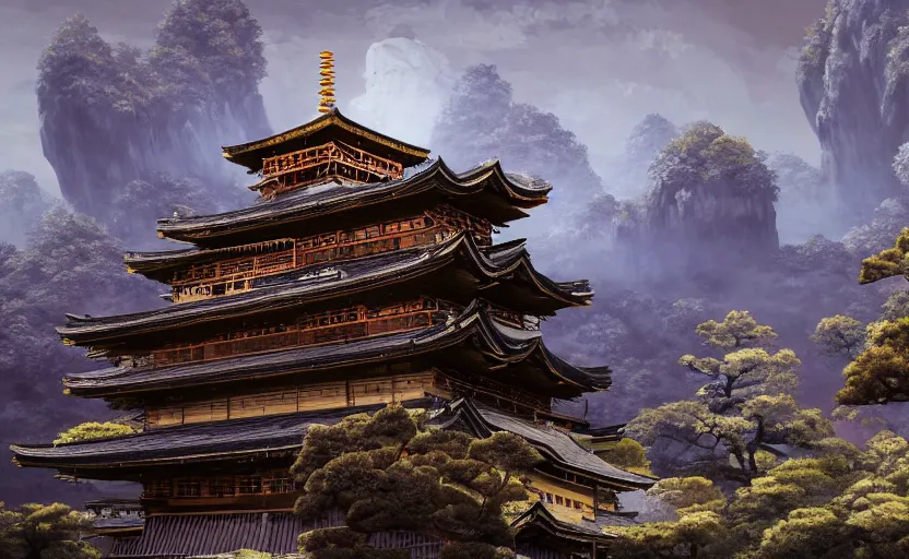 Image similar to highly detailed painting of old, ruined, fractured japanese pagoda from sengoku period, surrounded by dense rock formations, high in mountains, cinematic lighting, photobash, unreal engine render, nanite, raytracing, volumetric lighting