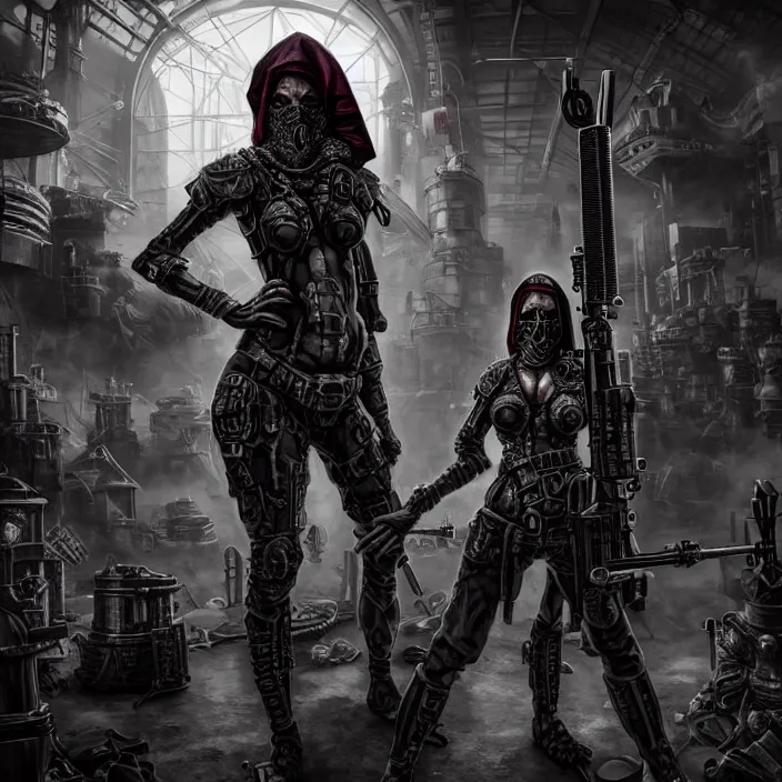 Image similar to apocalyptic woman in hood standing in hall of machinery and weaponry, hyper - detailed, smooth, sharp focus, 4 k ultra hd, fantasy dark art