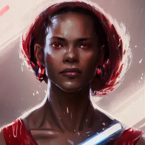 Image similar to portrait of a woman by greg rutkowski, a jedi knight, afroamerican, wearing a red and white tactical gear, star wars expanded universe, highly detailed portrait, she is about 3 0 years old, digital painting, artstation, concept art, smooth, sharp foccus ilustration, artstation hq