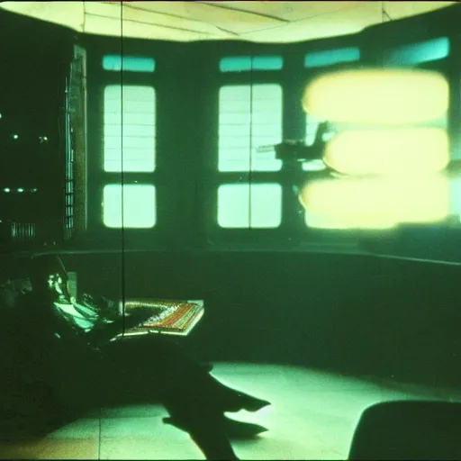 Image similar to 1 9 8 2 film stills of blade runner's deckard on his computer, upscaling a photo. his futuristic room is dark and atmospheric, touches of frank lloyd wright and syd mead,.