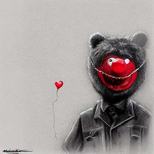 Image similar to surrealism grunge cartoon portrait sketch of a bear with a wide smile and a red balloon by - michael karcz, loony toons style, mad max style, horror theme, detailed, elegant, intricate