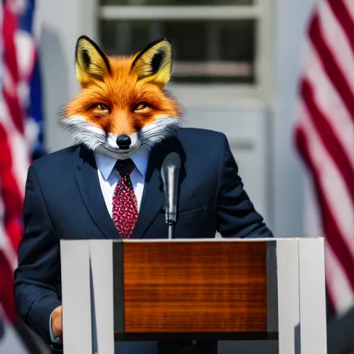 Image similar to a fox animal dressed in a suit giving a presidential speech, 8 5 mm f / 1. 4