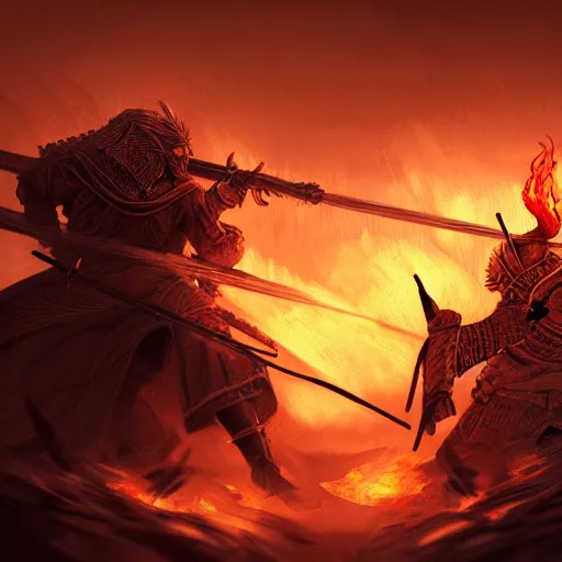 Image similar to battle of kings, fire and dust, action, dramatic lighting, intricate, wild, highly detailed, digital painting, artstation, concept art, smooth, sharp focus, illustration