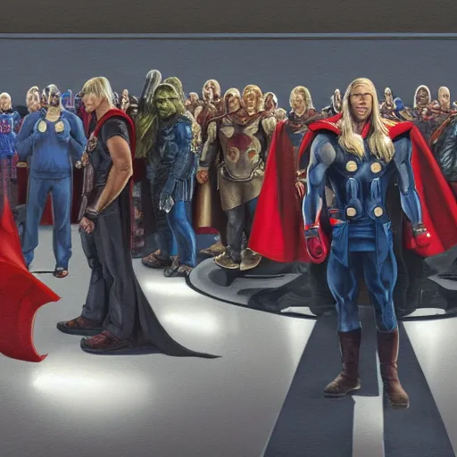 Image similar to thor waiting in line at the DMV, marvel's thor, long line, DMV, waiting, high detail, 4k