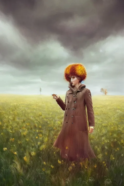 Image similar to portrait, enormous thistle flower head, girl wearing a coat in field, surreal photography, wind, cloudy sky, dramatic light, impressionist painting, digital painting, artstation, simon stalenhag