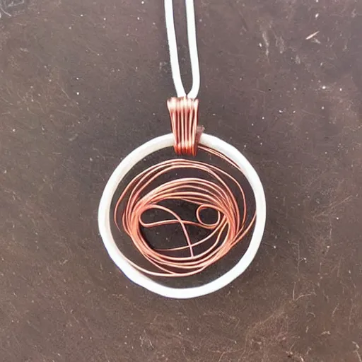 Prompt: a beautiful circular pendant made from sand and dirt, that is bound together by copper wire