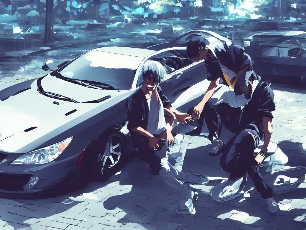 Image similar to Kanye West with a JDM car in makoto shinkai style, pixiv, 4k, wallpaper, high quality