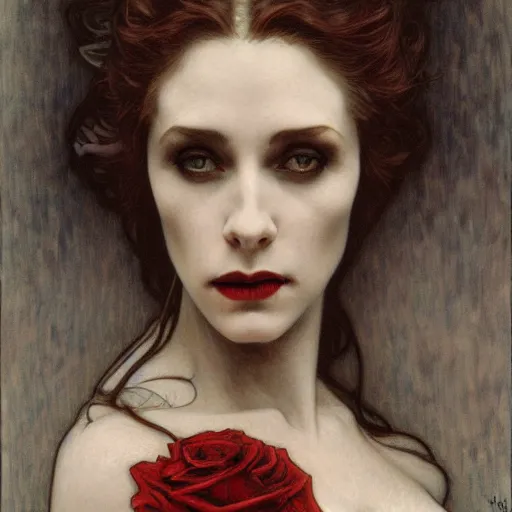 Image similar to portrait of a lady vampire, 35mm, 1920', depth of field, ominous, sharp, highly detailed, photorealistic, realistic, high definition, 8k, deviantart, donato giancola, irwin penn, Alphonse Mucha