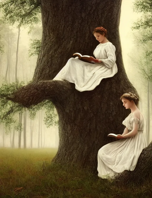 Image similar to beautiful peasant Girl in long white dress reading a book sitting on a tree in a foggy forest, Cinematic focus, Polaroid photo, vintage, neutral colors, soft lights, by Steve Hanks, by Serov Valentin, by lisa yuskavage, by Andrei Tarkovsky 8k render, detailed, oil on canvas