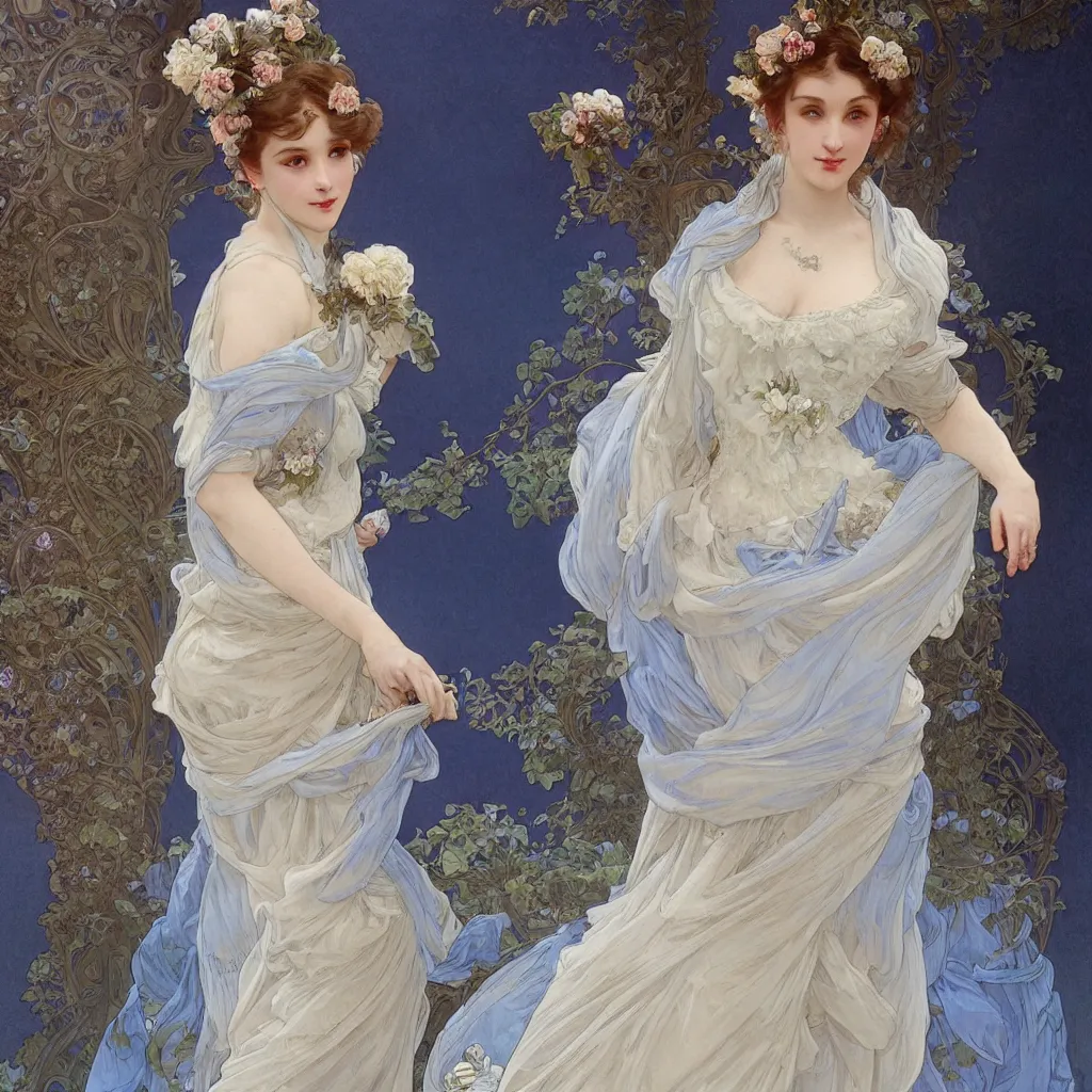 Image similar to lady dressed in a vaporous wrapped large victorian cream roses silk semi-transparent blue and cream dress fashion is running D&D, fantasy, intricate, elegant, highly detailed, digital painting, artstation, concept art, matte, sharp focus, illustration, art by and Alphonse Mucha