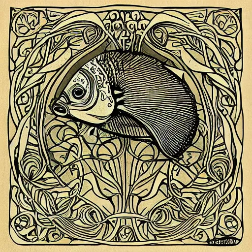 Prompt: A very detailed Art Nouveau illustration of a fish, intricate patterns