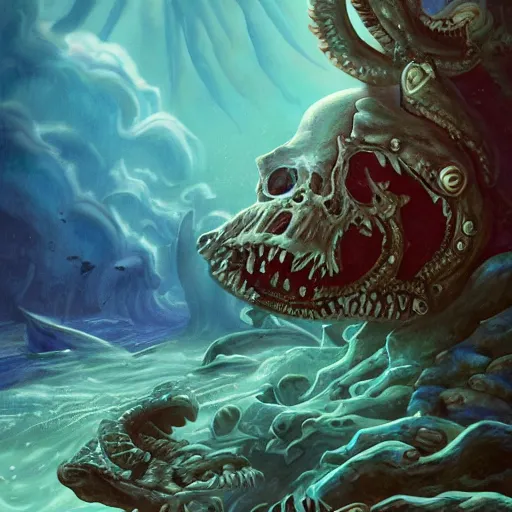 Image similar to A dead Eldritch god laying at the bottom of the ocean, Dungeons and Dragons book cover, epic art, 4K