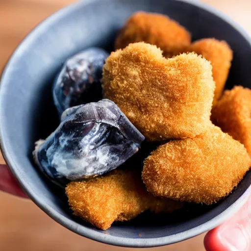 Prompt: rotten human hand picking up a moldy chicken nugget in a bowl, hd, 4k image