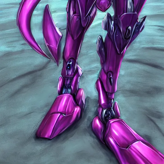 Image similar to very close up foot pov shot, hyperdetailed elegant beautiful stunning anthropomorphic mecha female dragon showing sharp clawed soles close up to camera, lying on beach, detailed foot pov, soft pads, sharp silver armor, fuchsia skin, anthro dragon art, warframe fanart, paw art, furry paws, furaffinity, deviantart, octane, ekasportal