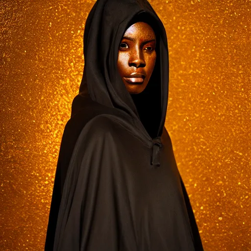 Image similar to a portrait of a young black woman wearing a long dark cloak, hood and shadows covering face, wearing shiny gold, oil painting, matte painting, black background, Volumetric Golden dappled dynamic lighting, Highly Detailed, Cinematic Lighting, Unreal Engine, 8k, HD, by Beksinski