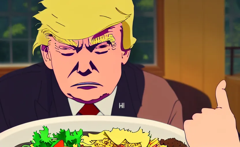 Image similar to beautiful makoto shinkai anime style digital film still portrait of donald trump eating a taco bowl, 4 k, 8 k, hd, high resolution, highly detailed, intricate detail, ultra realistic faces, digital art, trending on artstation, your name, weathering with you