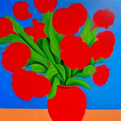 Image similar to a painting of red flowers in a red vase, a gouache by tom wesselmann, pixabay contest winner, naive art, acrylic art, oil on canvas, fauvism