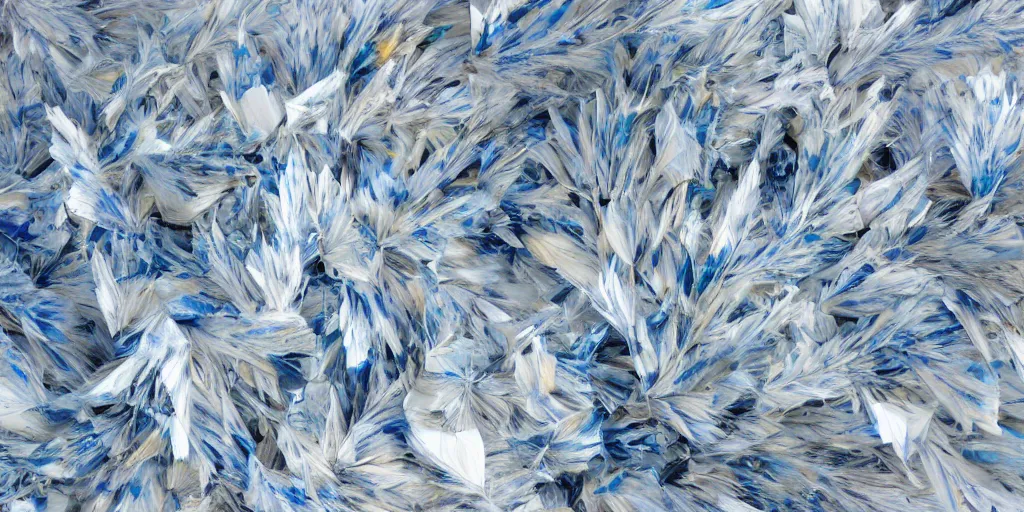 Prompt: irregular fractals of (indigo cerulean white) feathers, segmented broken glass shards, motion blur, distortion