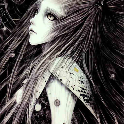 Image similar to yoshitaka amano blurred and dreamy illustration of an anime girl with wavy white hair and cracks on her face wearing elden ring armour with the cape fluttering in the wind, abstract black and white patterns on the background, noisy film grain effect, highly detailed, renaissance oil painting, weird portrait angle