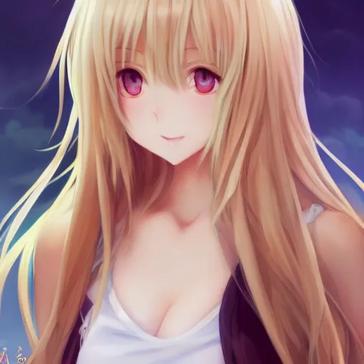 Dark blonde hair, mid hairlength, cute waifu, side bangs, wavy hair, blue  eyes, look over the shoulder, anime style, subtle smiling, natural  lipstick, round face