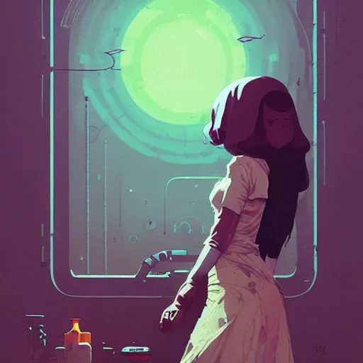 Image similar to portrait of solarpunk green witch by atey ghailan, by greg rutkowski, by simon stalenhag, by greg tocchini, by james gilleard, by joe fenton, by kaethe butcher dynamic lighting, gradient light blue, brown, blonde cream and white color scheme, grunge aesthetic