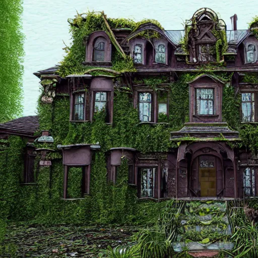 Image similar to ugly gaudy mansion, abandoned, growing vines, very old, professional art, trending on artstation, very detailed, realistic,