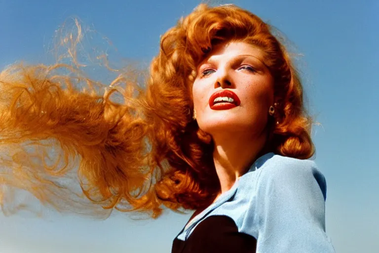 Image similar to natural 8 k close up shot of rita hayworth with freckles, natural skin and beauty spots in a 2 0 0 5 romantic comedy by sam mendes. she stands and looks on the horizon with winds moving her hair. fuzzy blue sky in the background. no make - up, no lipstick, small details, wrinkles, natural lighting, 8 5 mm lenses, sharp focus