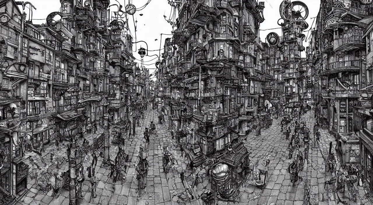 Image similar to steampunk city street with no people by junji ito, trending on artstation