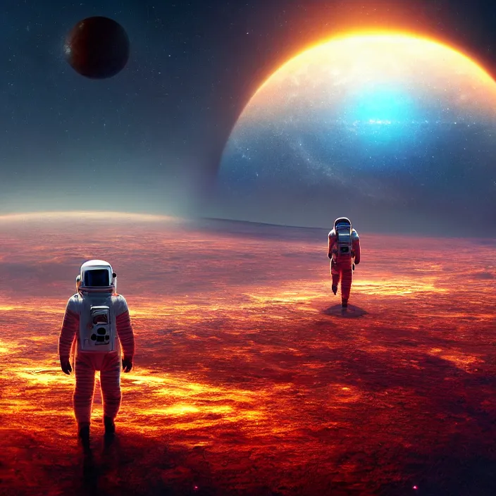 Prompt: a astronaut walking on a alien planet with a red giant galaxy appearing in the sky, digital art, concept art, trending on DeviantArt, highly detailed, high quality, 8K HDR, cinematic lighting, breathtaking image