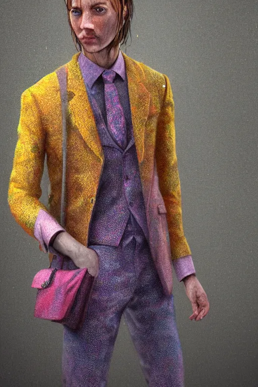 Prompt: a scene with a character wearing a super colorful muted color diy! suit, with a lot of pockets and details, henrik vibskov!, detailed photoreal render octane render, pointillism, oil on canvas, watercolor