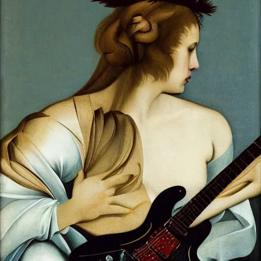 Prompt: Anna Calvi playing electric guitar by Caravaggio and James Jean