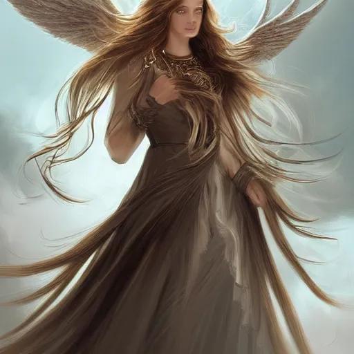 Image similar to A portrait of an attractive young female wind angel, beautiful long windy hair, wearing tumultus clouds, intricate, highly detailed, elegant, digital painting, trending on artstation