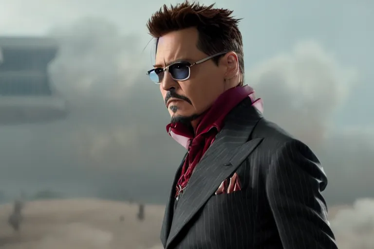 Image similar to film still of Johnny Depp as Tony Stark in new avengers movie, 4k