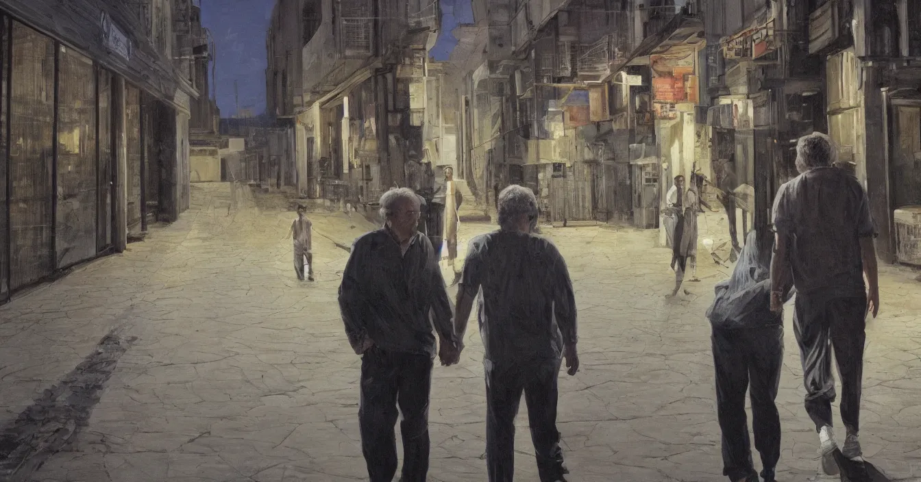 Image similar to todd solondz, high quality high detail painting of todd solondz walking with a friend in an empty tel aviv street, face of todd solondz, night, by lucian freud and gregory crewdson, hd, photorealistic lighting