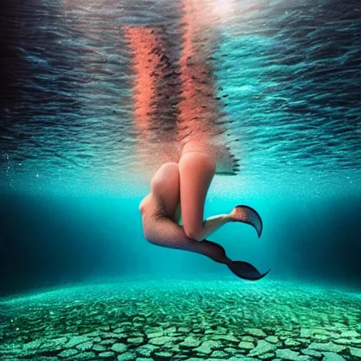 Image similar to marian rivera as mermaid breaking the surface of the water, underwater photography with light scattering and water refractions, smooth