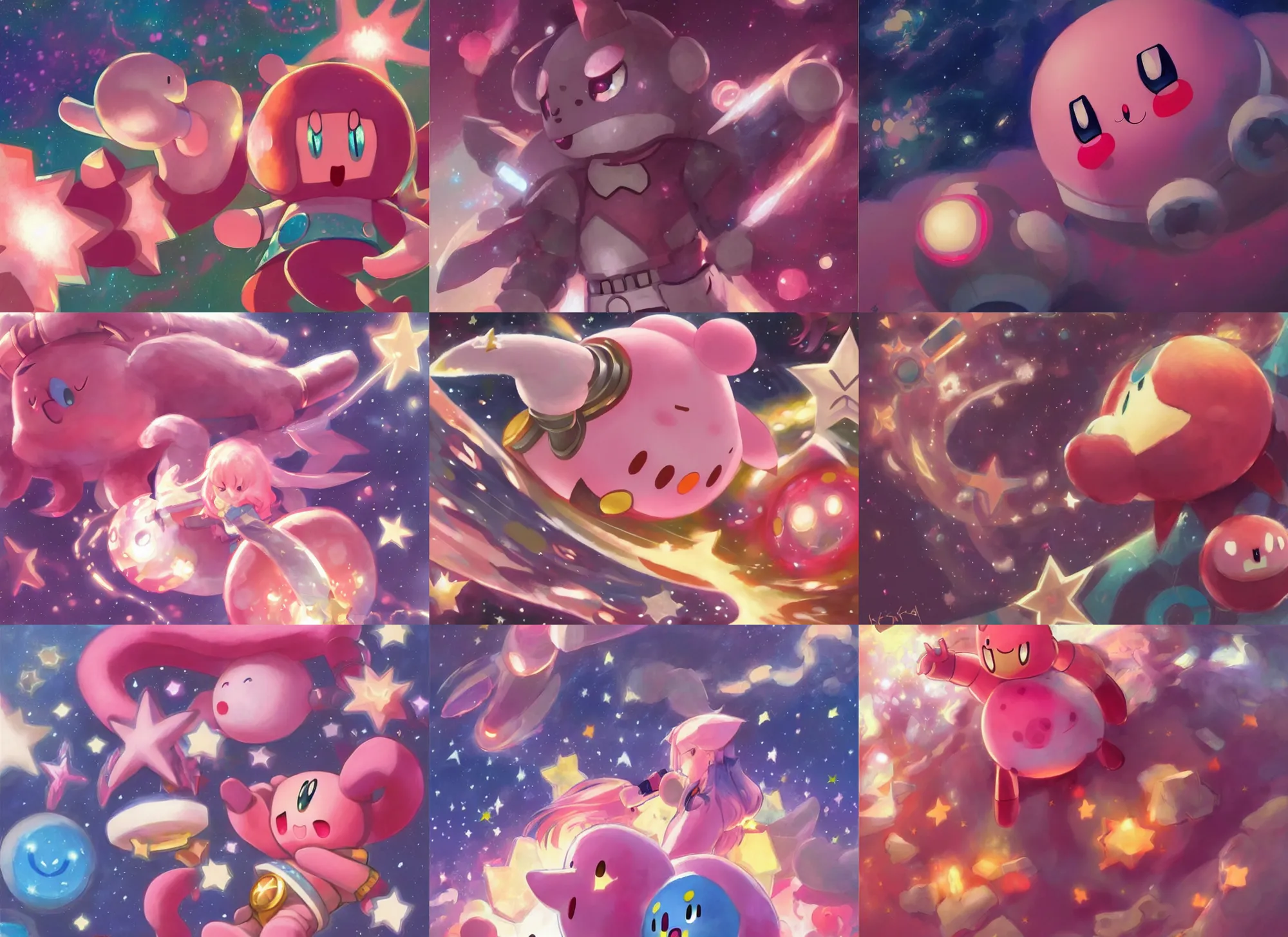 Prompt: official artwork of kirby by Krenz Cushart, detailed art, many stars in sky, Kirby round pink iconic character, wallpaper