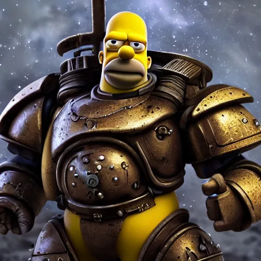 Image similar to Portrait of Homer Simpson as the emperor of humanity from warhammer 40k in Gears of War, splash art, movie still, cinematic lighting, dramatic, octane render, long lens, shallow depth of field, bokeh, anamorphic lens flare, 8k, hyper detailed, 35mm film grain