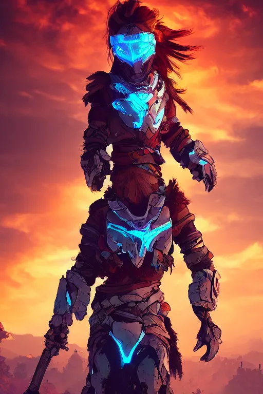 Image similar to combination suit armor aloy horizon forbidden west horizon zero dawn radiating a glowing aura global illumination ray tracing hdr fanart arstation by ian pesty and alena aenami artworks in 4 k tribal robot ninja mask helmet backpack