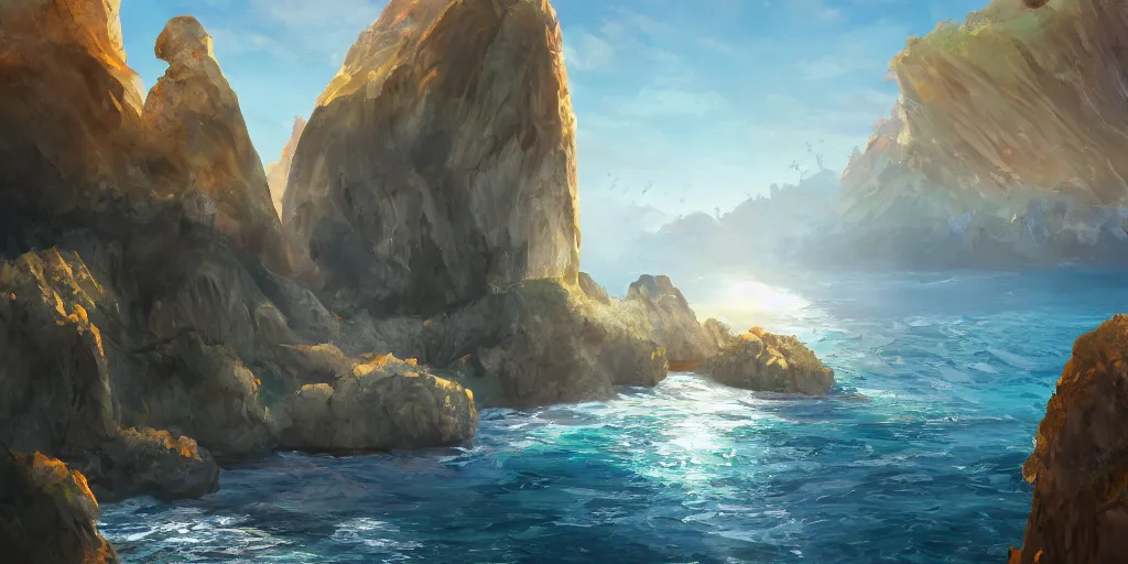 Image similar to salt covered islands surrounded by sheer colourful quartz cliffs, illustration, bright sunlight, sun glints, sunrays, digital art, oil painting, fantasy, 8 k, trending on artstation, detailed