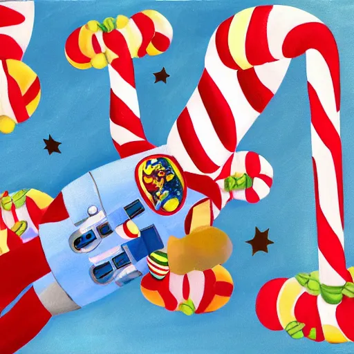 Image similar to painting of astronaut cat in space, candy canes in space, candy cane asteroid belt, candy canes flying in space, cat in astronaut suit in space